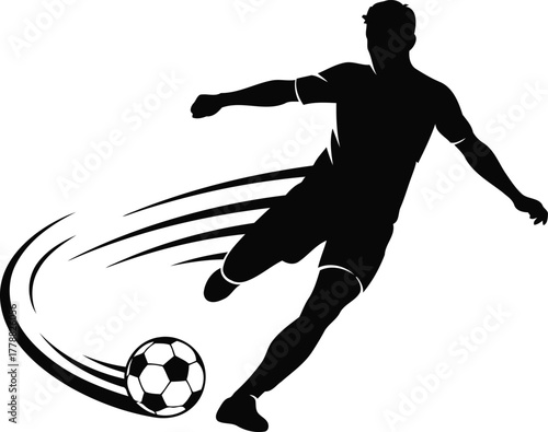 Dynamic minimal soccer striker silhouette in action with a vibrant flying ball trail perfect for sports branding and logos