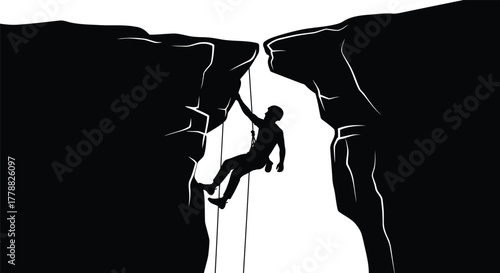 Dynamic illustration of a determined rock climber precariously hanging from a sheer cliff face showcasing extreme sports and adventure