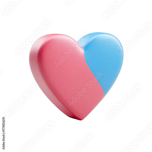 A heart shape, split in half, with one side a vibrant pink and the other a light blue.  3D rendered