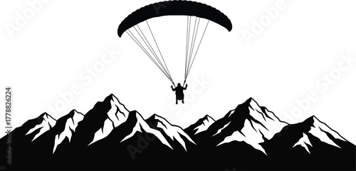 Dynamic paraglider silhouette soaring gracefully above majestic mountain peaks symbolizing adventure freedom and the thrill of outdoor exploration
