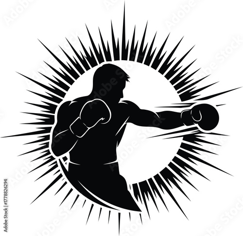 Dynamic silhouette of a powerful boxer delivering a punch within a vibrant circular energy burst illustrating strength and action