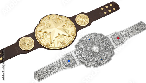 Two championship wrestling belts displayed against a black background