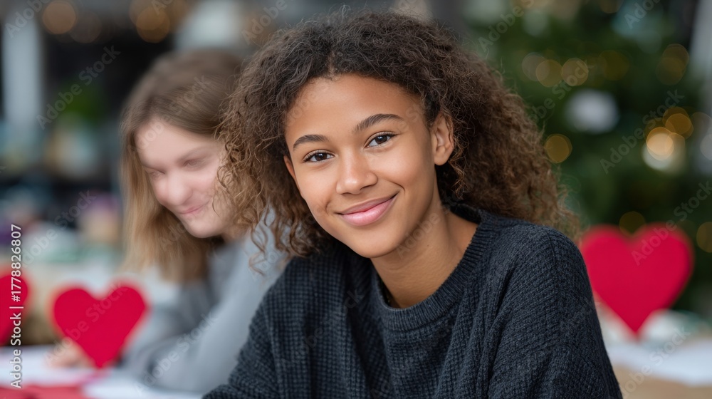 Obraz premium Smiling african young female with curly hair in festive setting