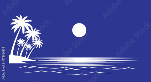 Tropical island with palm trees and a full moon