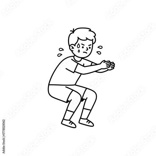 Sweaty Boy Performing a Low Squat Exercise Line Art Illustration.