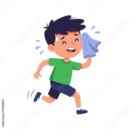 Sweaty Boy Running Wiping Face with Towel Cartoon Illustration.