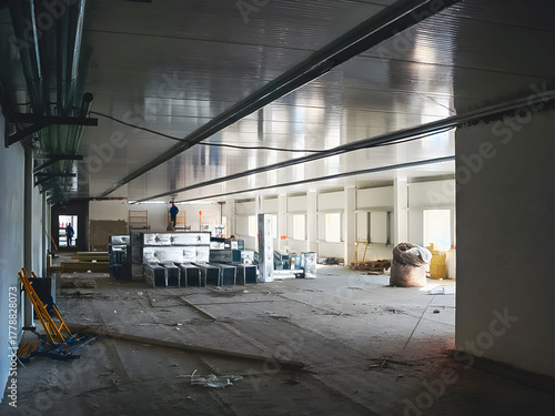 Interior of a large commercial building under construction with workers present