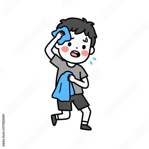 Sweaty Cartoon Boy Wiping Forehead with Blue Towel.