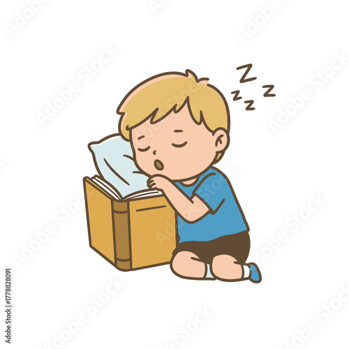 Tired cartoon boy with blonde hair falling asleep on an open book using it as a pillow.