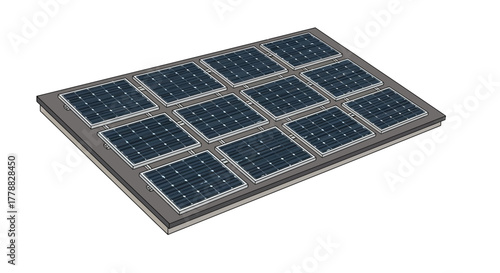 A grid of solar panels mounted on a flat surface, representing renewable energy generation