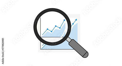 Flat vector icon of a magnifying glass over an upward trending line chart, symbolizing data analysis, business growth, and market research
