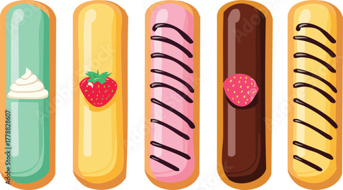 Colorful illustration showcasing five different glazed eclairs with various toppings and fillings. Vector set French pastries.