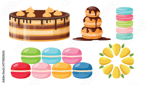 An assortment of colorful desserts including a cake with chocolate drizzle, profiteroles, macarons, and several madelaines. Vector set French pastries.