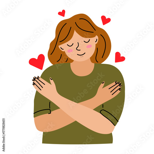 Love yourself concept. A plump girl hugs herself.