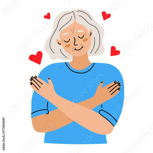 Love yourself concept. An elderly woman hugs herself. The concept of loving yourself at any age.