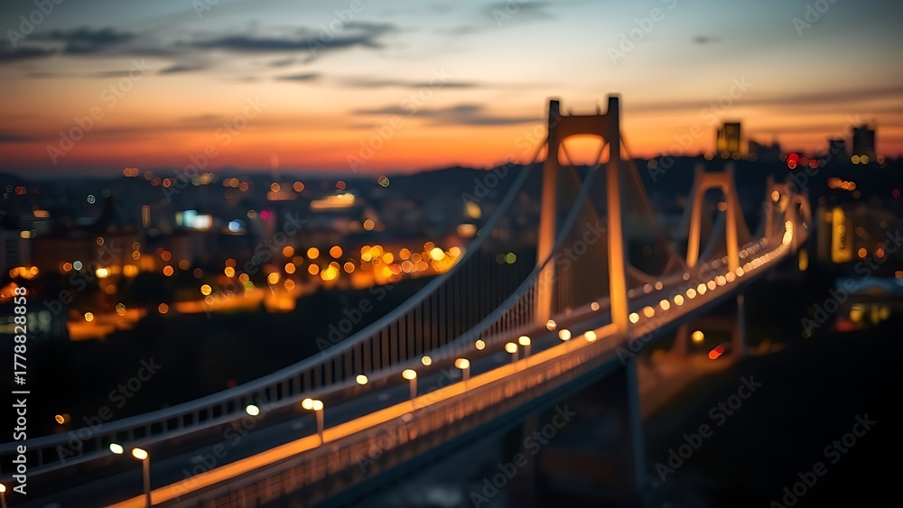 Fototapeta premium Suspension bridge at dusk illuminated by warm city lights, showcasing an urban landscape.