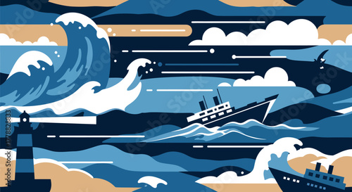 Stylized illustration of stormy sea with waves crashing against ship and lighthouse