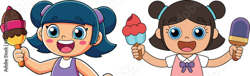 girl with ice cream, sweet dessert illustration, summer treat vector, happy child cartoon, food love clipart, frozen dessert design, joyful eating vector, delicious snack art, childhood enjoyment desi