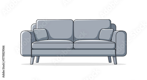 Modern two-seater sofa illustration for home decor and interior design concept, gray furniture