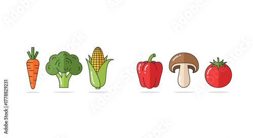 Set of colorful vegetable line icons. Carrot, broccoli, corn, bell pepper, mushroom, and tomato for cooking and healthy eating concepts