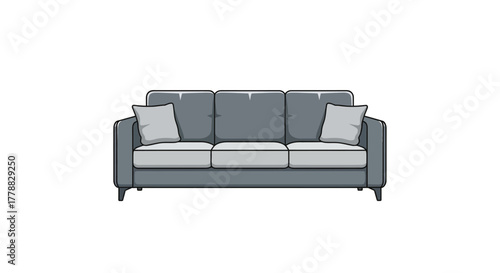 Sleek modern gray sofa illustration with cushions perfect for interior design projects