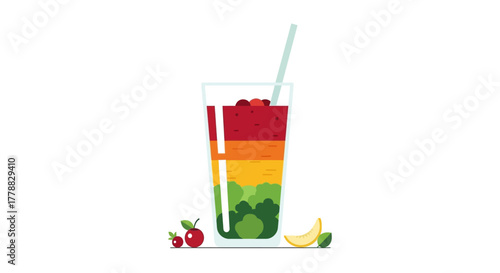 Vibrant layered smoothie in a tall glass, garnished with fresh fruits, perfect for health and wellness