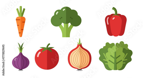 Vibrant flat design collection of fresh garden vegetables, including carrots, broccoli, bell pepper, tomato, and onions, ideal for healthy eating, cooking, and grocery-themed projects
