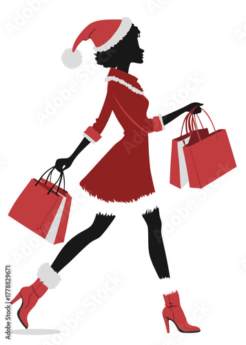 Christmas shopping girl with bags vector illustration. Happy shopping girl in Santa costume on transperant background. Woman with shopping bags in Christmas theme.