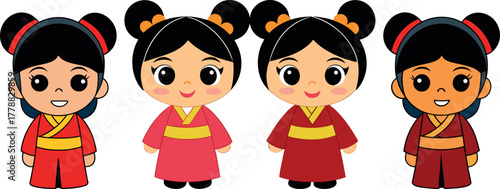 asian girls cartoon, traditional costume vector, cultural diversity art, friendship and unity clipart, multicultural design, heritage costume illustration, cultural harmony vector, friendship two girl