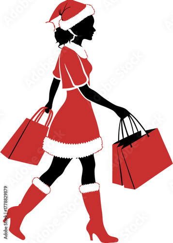 Christmas shopping girl with bags vector illustration. Happy shopping girl in Santa costume on transperant background. Woman with shopping bags in Christmas theme.