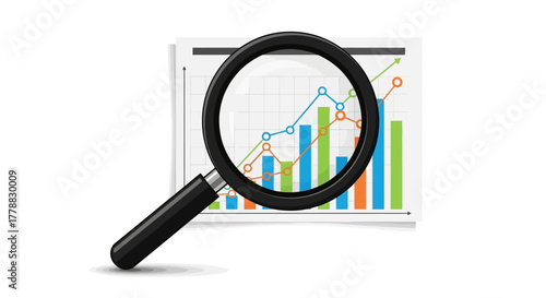 Magnifying glass over a graph, analysis of business performance, market research and financial growth