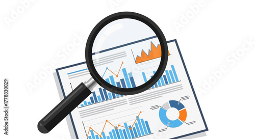 Magnifying glass over business graphs and charts, analyzing data and financial reports