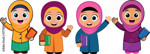 muslim girls cartoon, hijab children vector, islamic culture art, friendship girls clipart, traditional dress design, modest fashion vector, multicultural illustration, smiling muslim girls, friendshi