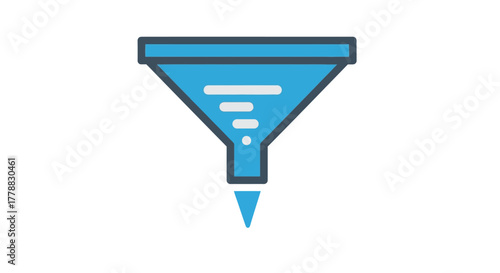 Modern blue funnel icon symbolizing data filtering, sales conversion pipeline, and information sorting process on a white background