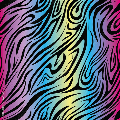 Striped zebra vector pattern seamless with multicolored hologram rainbow stripes. Endless print for clothes and fabric in bright summer style. Trendy neon print of fashionable safari.