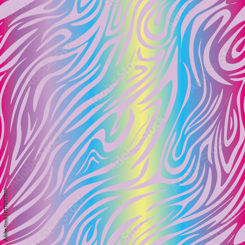 Striped zebra vector pattern seamless with multicolored hologram rainbow stripes. Endless print for clothes and fabric in bright summer style. Trendy neon print of fashionable safari.