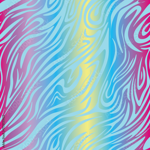 Striped zebra vector pattern seamless with multicolored hologram rainbow stripes. Endless print for clothes and fabric in bright summer style. Trendy neon print of fashionable safari.