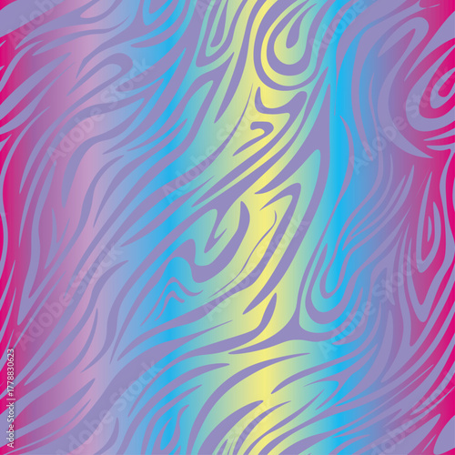 Striped zebra vector pattern seamless with multicolored hologram rainbow stripes. Endless print for clothes and fabric in bright summer style. Trendy neon print of fashionable safari.