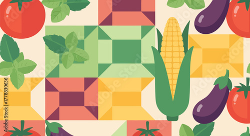 Colorful geometric vegetable pattern with stylized tomatoes, corn, and eggplants