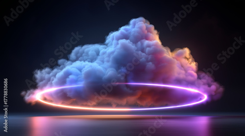an abstract cloud illuminated with a neon light ring on a dark background