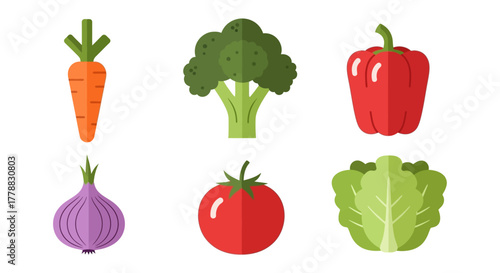 Healthy Fresh Vegetables Collection - Carrot, Broccoli, Pepper, Onion, Tomato, Lettuce Illustrations