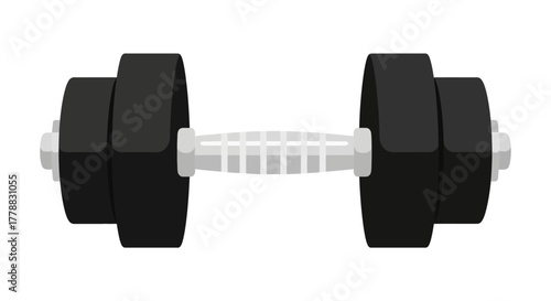 A realistic illustration of a black dumbbell with a white handle for fitness and weightlifting