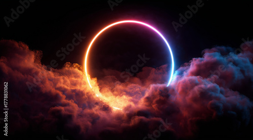 an abstract cloud illuminated with a neon light ring on a dark background