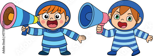 boy shouting megaphone, announcement vector art, communication concept design, loud speaking clipart, news update illustration, leadership voice vector, motivation character art, school announcement c