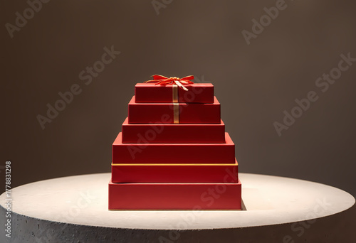 Five red gift boxes stacked on round concrete surface