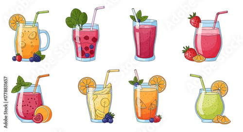 A vibrant assortment of healthy fruit smoothies and summer juices, a collection of detox drinks with berry and citrus garnishes
