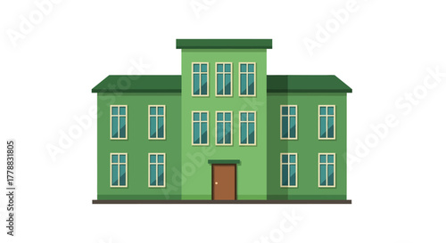 Green building illustration with windows, representing architectural designs and city constructions