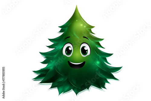Green Christmas tree with cheerful face 3d character, transparent background. A chic, creative, and beautiful Christmas or New Year tree for the interior