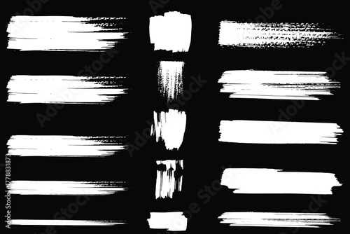 white grunge brush strokes on black background, abstract paint texture collection, ink brush stroke set