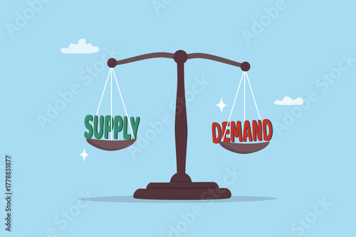 Demand supply equilibrium scale, pricing strategy, resource evaluation or economics cycle, market value consumption concept, equilibrium scale with the word demand and supply.
